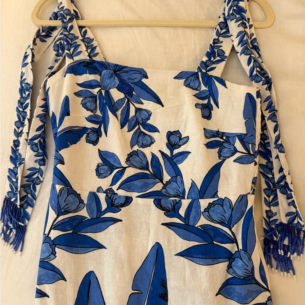 NWT CALYPSO ST. BARTH Linen Blend Beaded Strap Placed Print Midi Dress (XS)